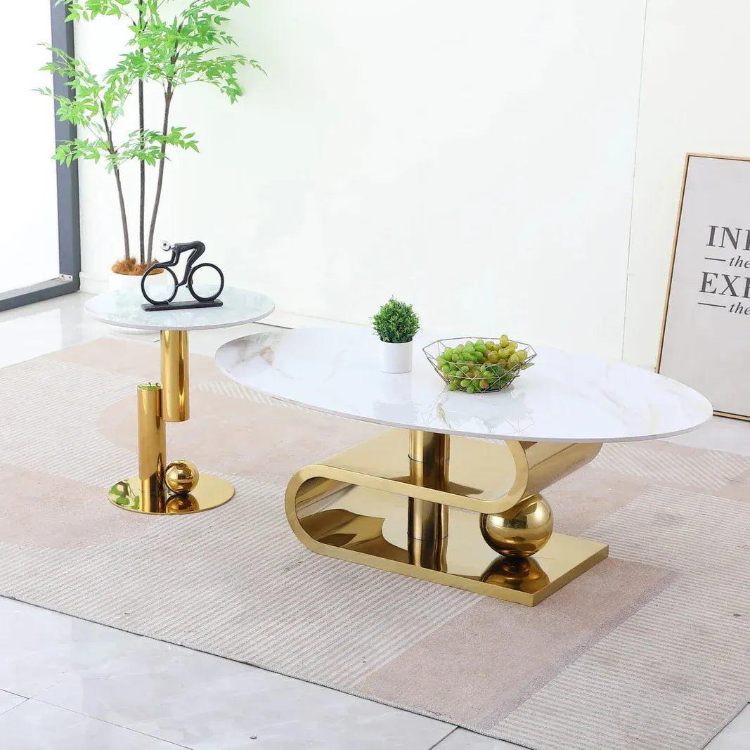 Majesty 3-Piece Coffee Table Set – White Faux Marble & Gold Base