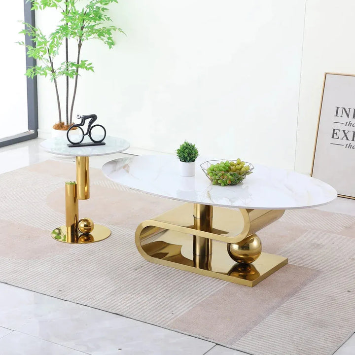 Majesty 3-Piece Coffee Table Set – White Faux Marble & Gold Base