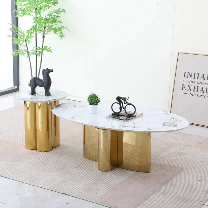 Elite 3-Piece Coffee Table Set – White Sintered Stone & Gold Metallic Base