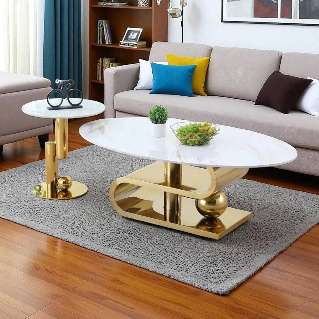 Majesty 3-Piece Coffee Table Set – White Faux Marble & Gold Base