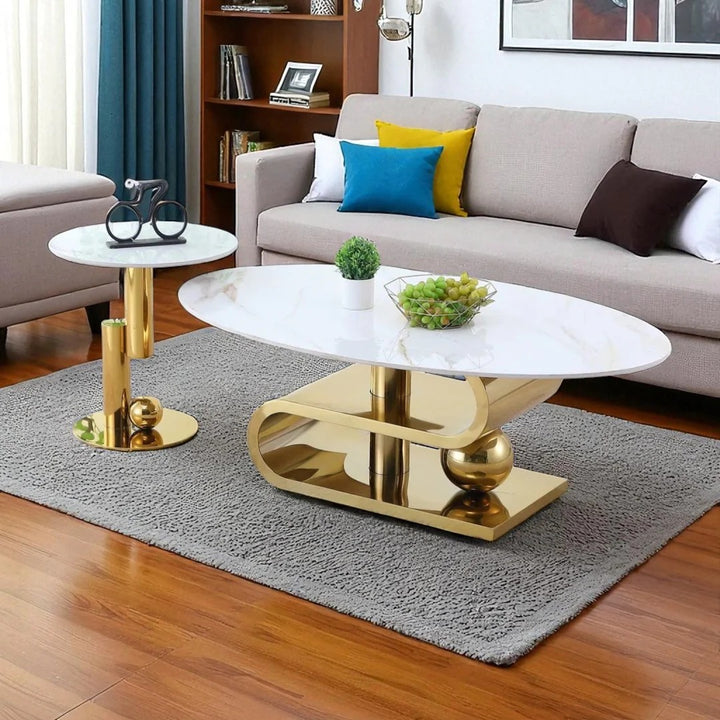 Majesty 3-Piece Coffee Table Set – White Faux Marble & Gold Base