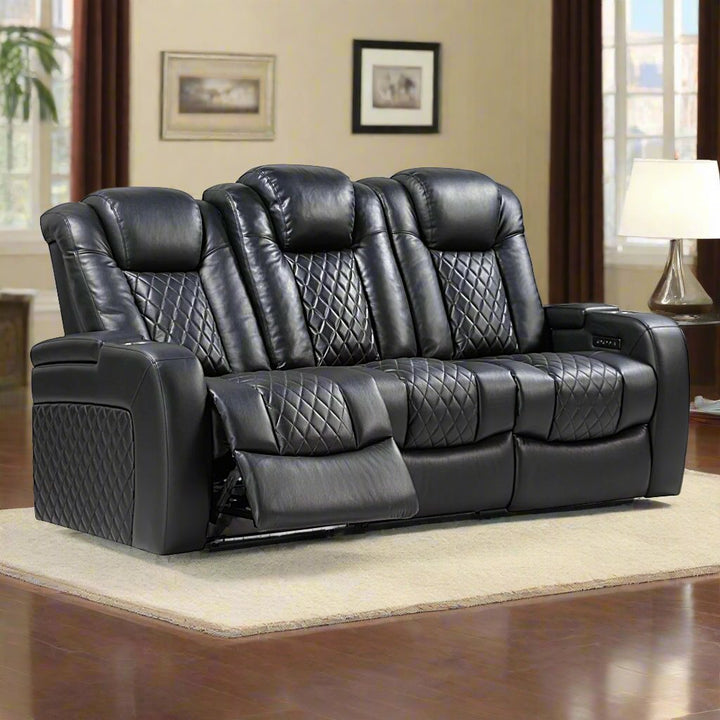Trivon Recliner Sofa – Black Power Luxury with Smart Features