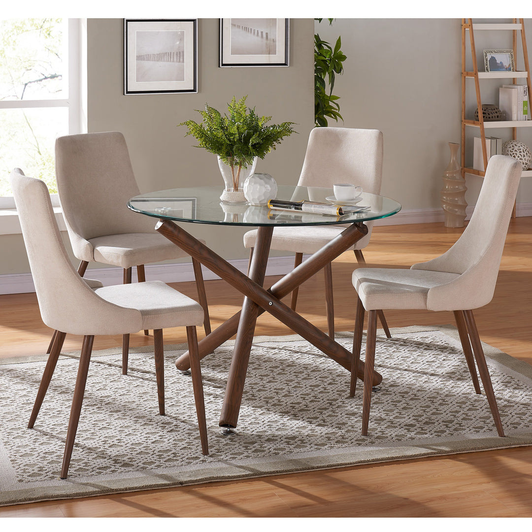 Calvion Contemporary Round Dining Table – 40" Clear Tempered Glass Top with Walnut Finish Metal Crossover Base, Brushed Stainless Steel Accent and Modern Design Dining Table