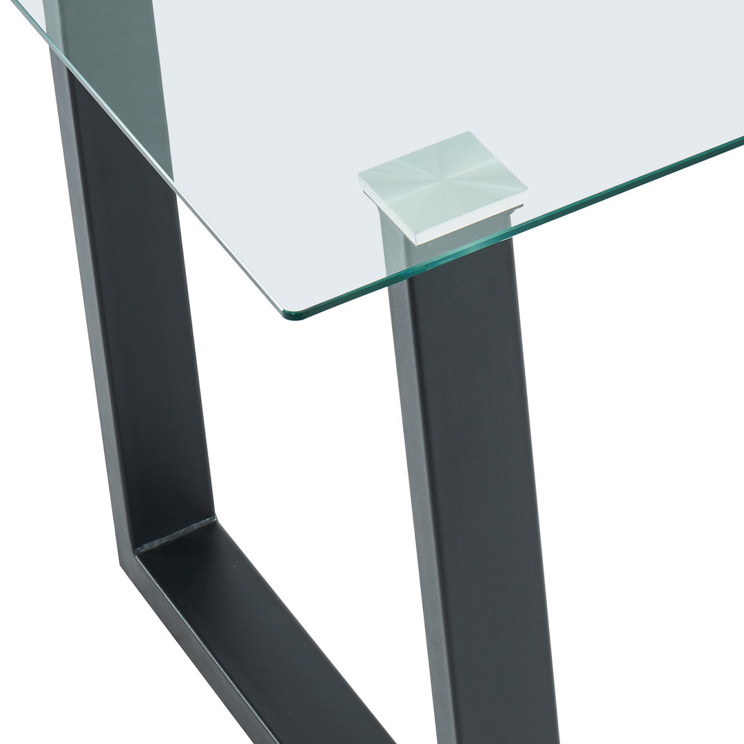 Alvara Contemporary Glass Dining Table – Rectangular 8mm Tempered Glass Top with Black Metal Legs and Brushed Stainless Steel Holders Compact Modern Dining Table