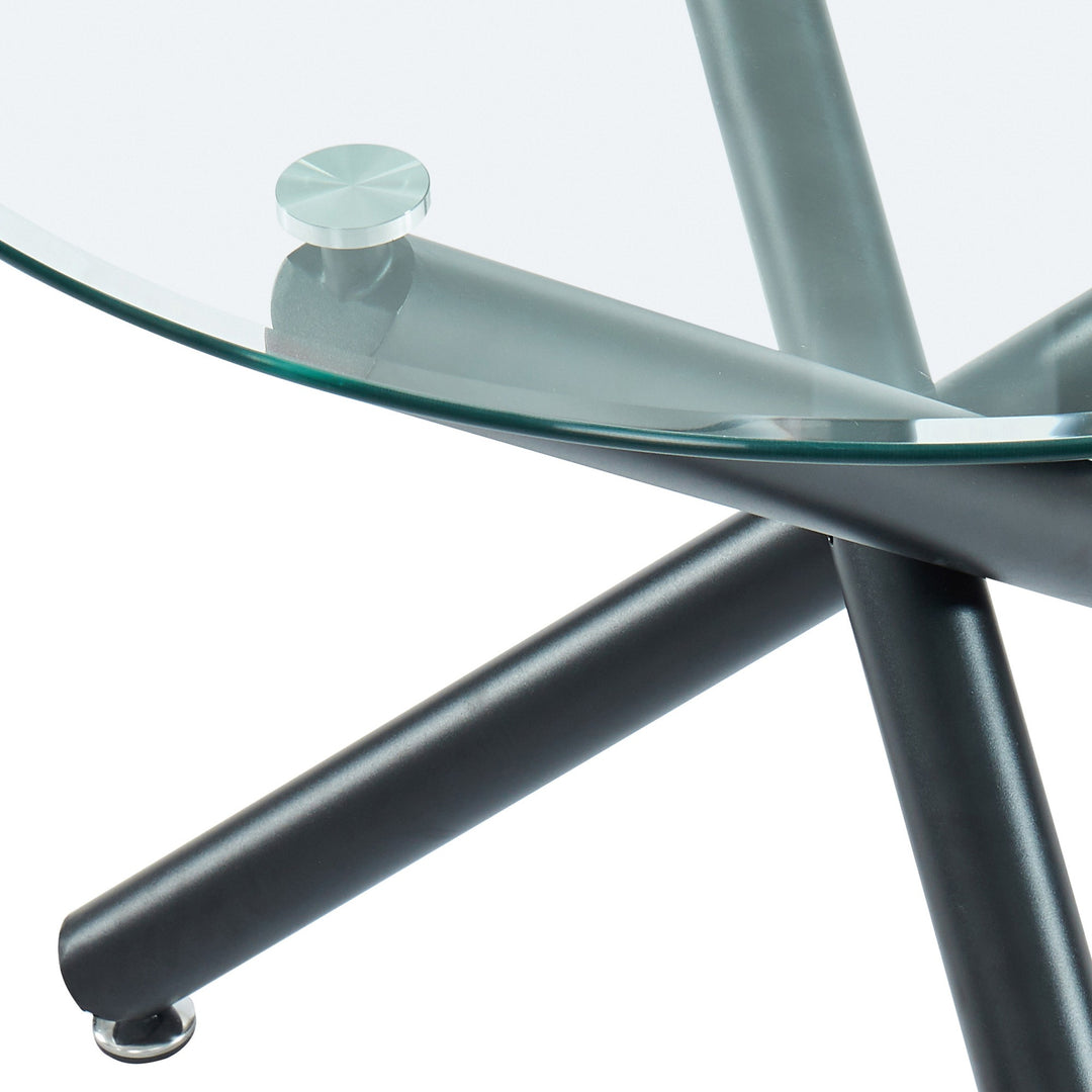 Sorran Contemporary Round Dining Table – Clear Tempered Glass Top with Brushed Stainless Steel Accent, Matte Black Crossover Metal Base and Modern Design Dining Table