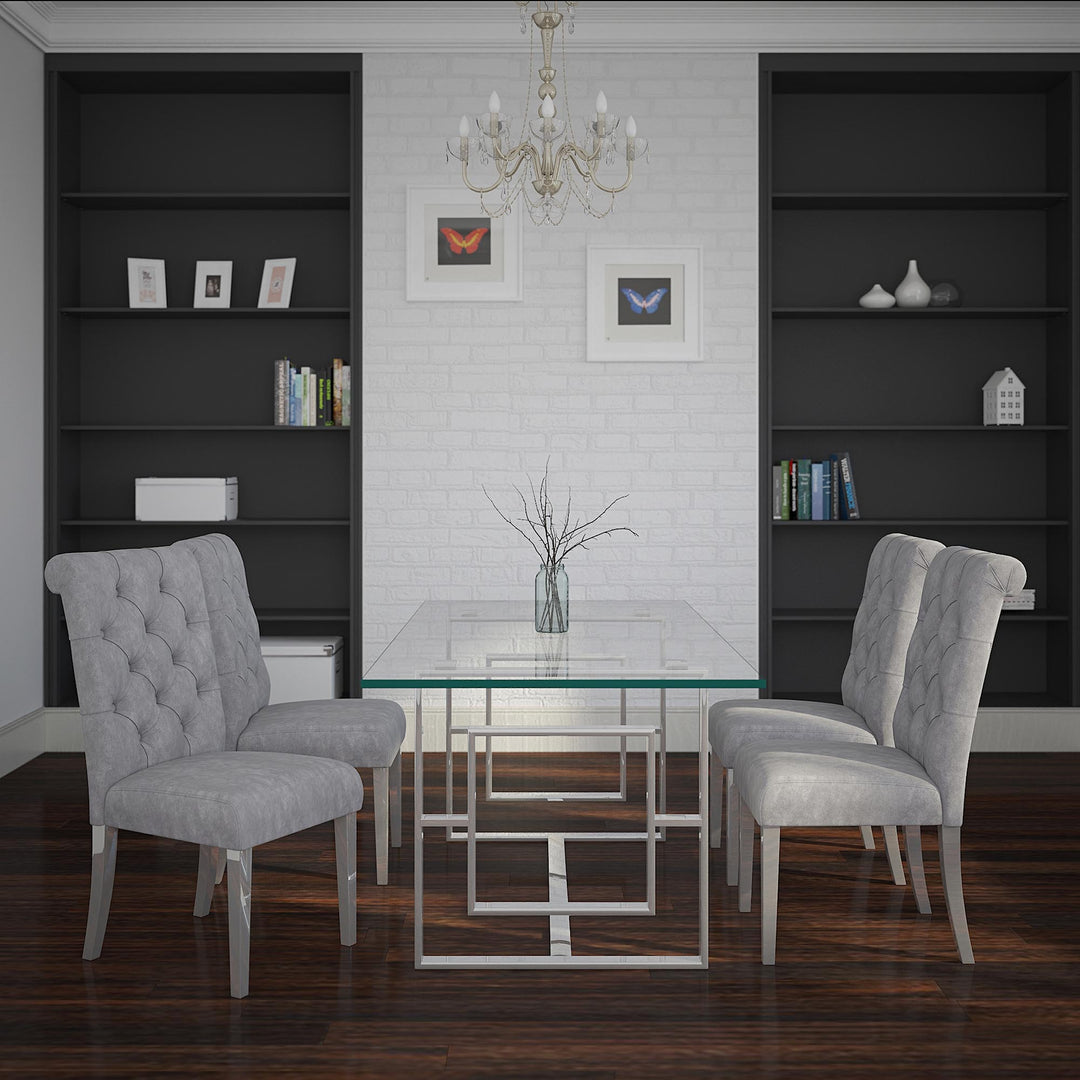Kenvor Contemporary Glass Dining Table – 71" Rectangular 12mm Tempered Glass Top with Geometric Lattice Stainless Steel Frame and Polished Silver Finish Modern Dining Table