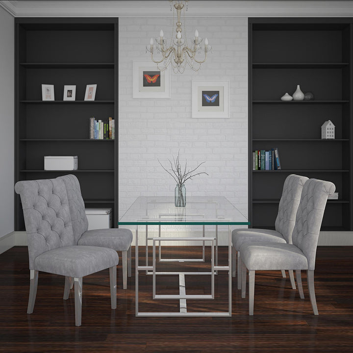 Kenvor Contemporary Glass Dining Table – 71" Rectangular 12mm Tempered Glass Top with Geometric Lattice Stainless Steel Frame and Polished Silver Finish Modern Dining Table