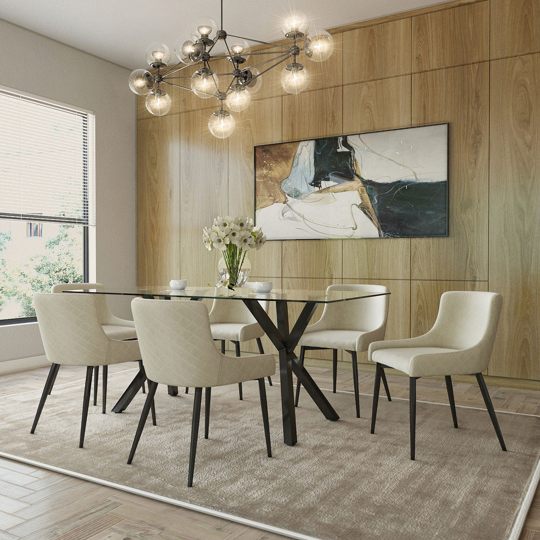 Eldora Contemporary Glass Dining Table – Rectangular Tempered Glass Top with Matte Black Metal Legs, Brushed Stainless Steel Holders and Geometric Modern Design Dining Table