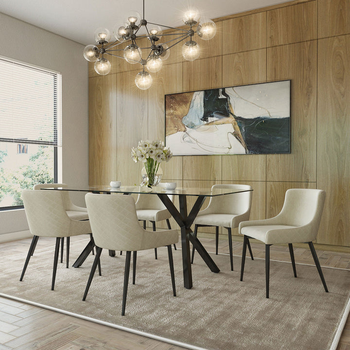 Eldora Contemporary Glass Dining Table – Rectangular Tempered Glass Top with Matte Black Metal Legs, Brushed Stainless Steel Holders and Geometric Modern Design Dining Table