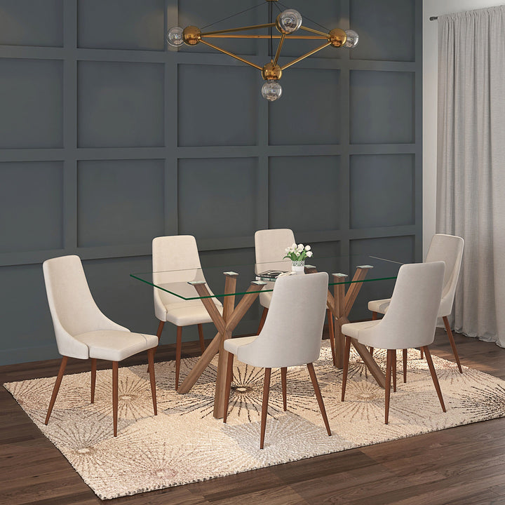 Aeris Contemporary Glass Dining Table – Rectangular Tempered Glass Top with Walnut Finish Metal Legs, Brushed Stainless Steel Holders and Geometric Modern Design Dining Table