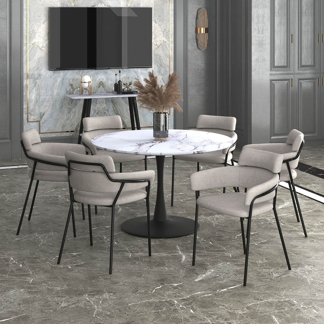 Mireva Round Dining Table – Premium Faux Marble Top with Matte Black Metal Pedestal Base for Modern Homes