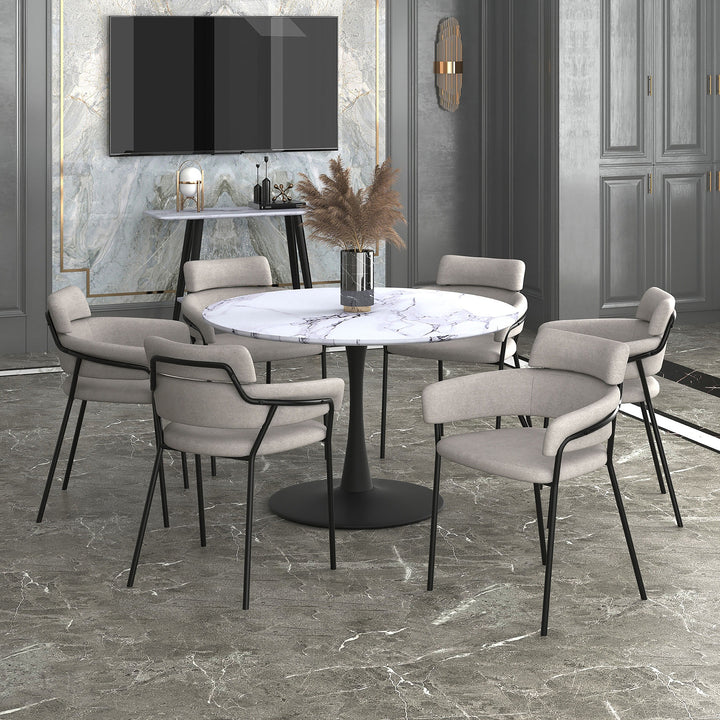 Mireva Round Dining Table – Premium Faux Marble Top with Matte Black Metal Pedestal Base for Modern Homes