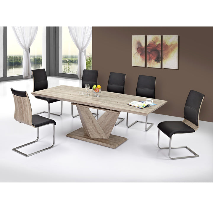 Eldora Contemporary Extendable Dining Table – Washed Oak Wood Grain Top with Butterfly Extension, Double Prism Pedestal Base and Modern Dining Design