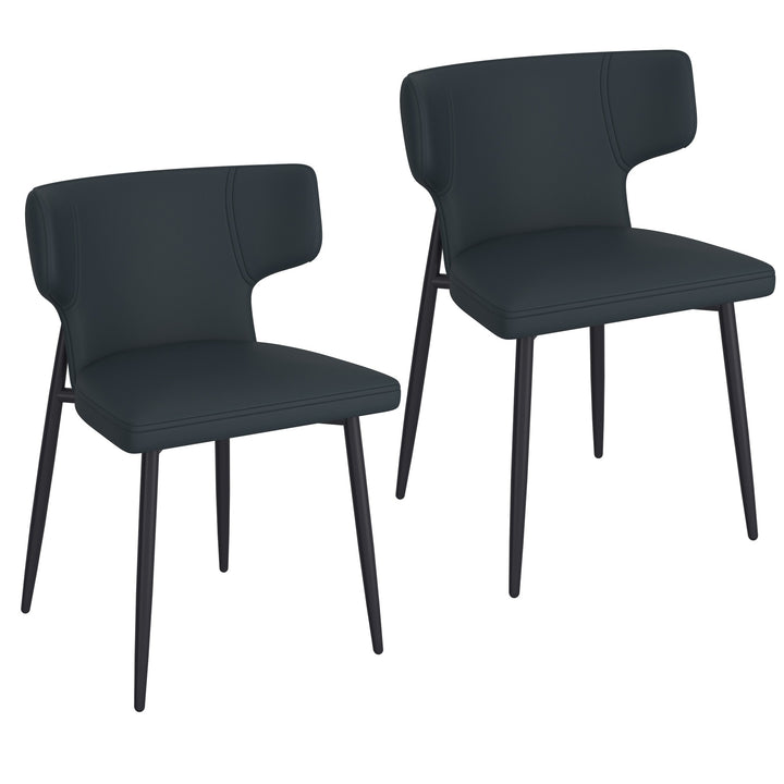 Velcario Contemporary Dining Chair – Set of 2 Curved Wood Frame Faux Leather Upholstered Chairs with Matte Black Metal Legs