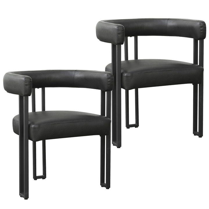 Avenza Dining Side Chair – Set of 2 Contemporary Matte Black Faux Leather Upholstered Chairs with Black Metal Frame