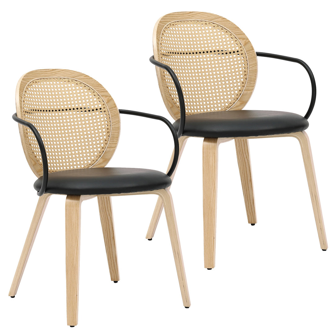 Viresta Modern Farmhouse Dining/Lounge Chair, Light Oak Finish with Black Faux Leather Seat (Set of 2)