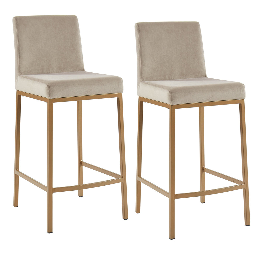 Valtressa Counter Stool – Set of 2, 26" Velvet Upholstered Stools with Fixed Seat and Matte Aged Gold Metal Base