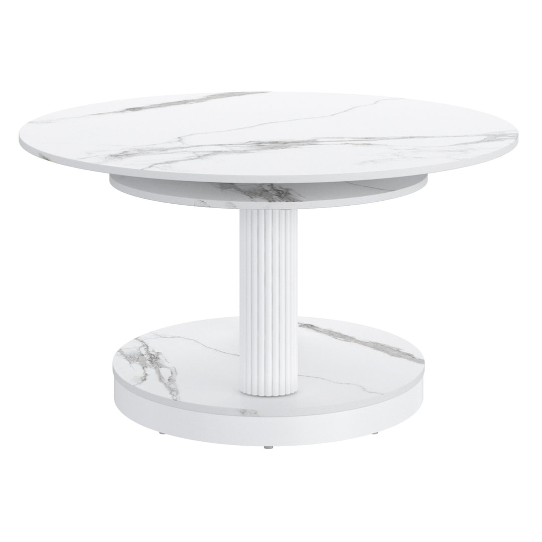 Trionex Contemporary Coffee Table – Extendable Sintered Stone Top with White Marble Finish & Reeded Steel Base