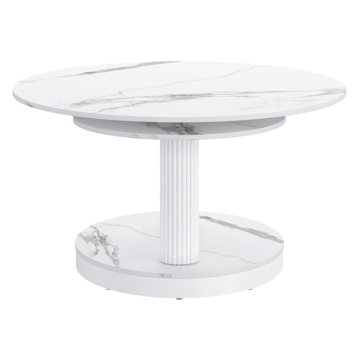 Trionex Contemporary Coffee Table – Extendable Sintered Stone Top with White Marble Finish & Reeded Steel Base