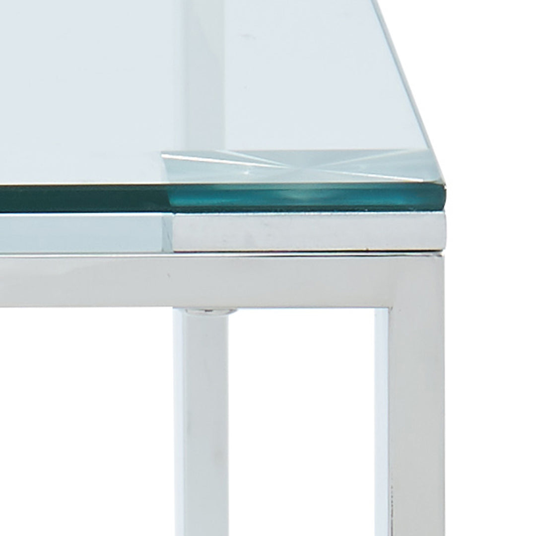 Elsinora Contemporary Coffee Table – 8mm Clear Tempered Glass Top with Stainless Steel Frame (Polished Silver Finish)