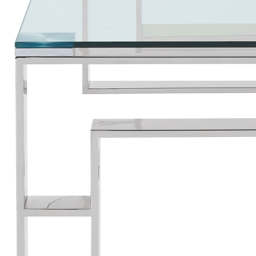 Virello Contemporary Coffee Table – 8mm Clear Tempered Glass Top with Geometric Lattice Stainless Steel Frame (Polished Silver Finish)