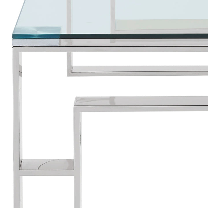 Virello Contemporary Coffee Table – 8mm Clear Tempered Glass Top with Geometric Lattice Stainless Steel Frame (Polished Silver Finish)