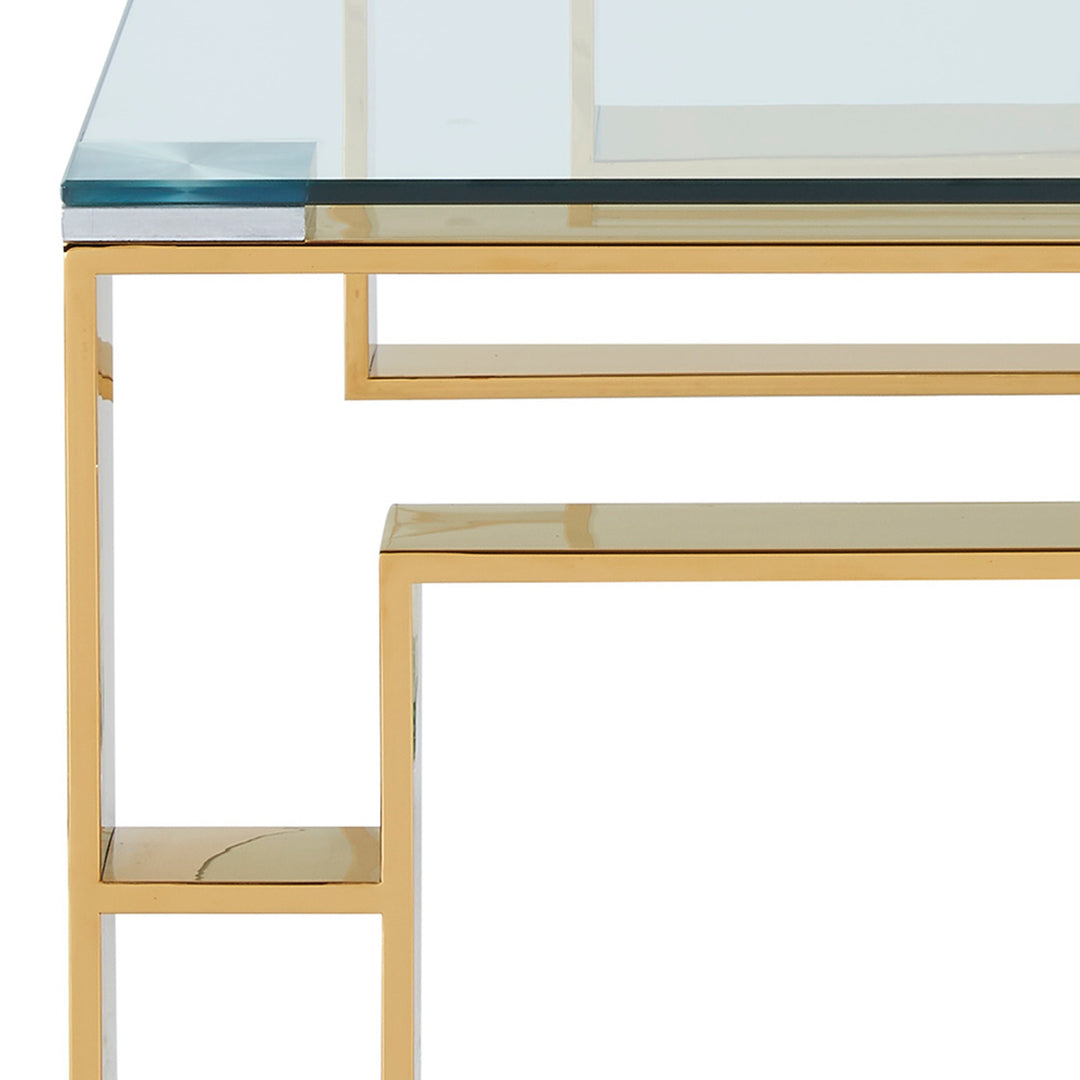 Velquro Contemporary Coffee Table – 8mm Clear Tempered Glass Top with Geometric Lattice Stainless Steel Frame (Polished Gold Finish)