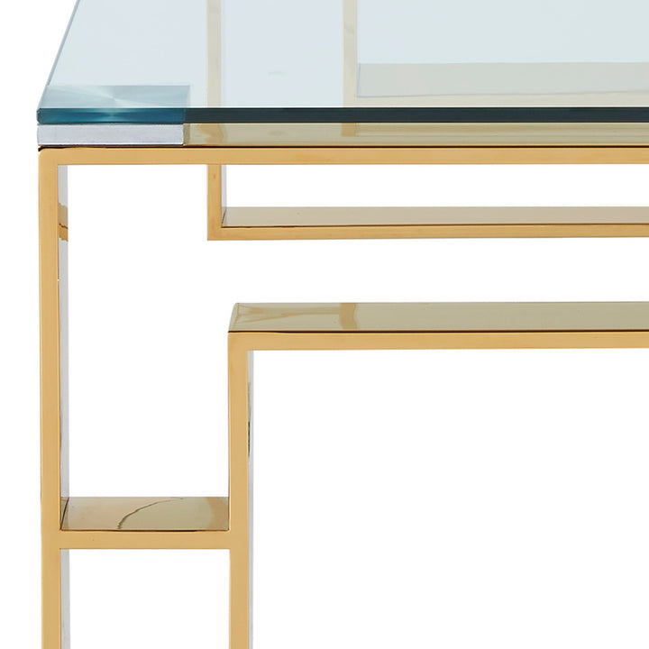 Velquro Contemporary Coffee Table – 8mm Clear Tempered Glass Top with Geometric Lattice Stainless Steel Frame (Polished Gold Finish)