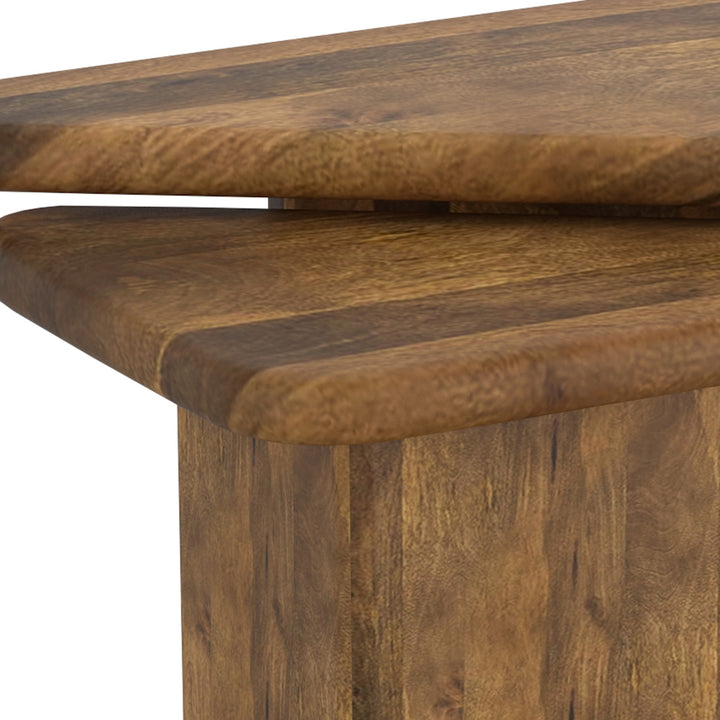 Calnex Mid-Century Modern Nesting Coffee Table Set – 2-Piece Solid Mango Wood Triangular Tables (Light Walnut Finish)