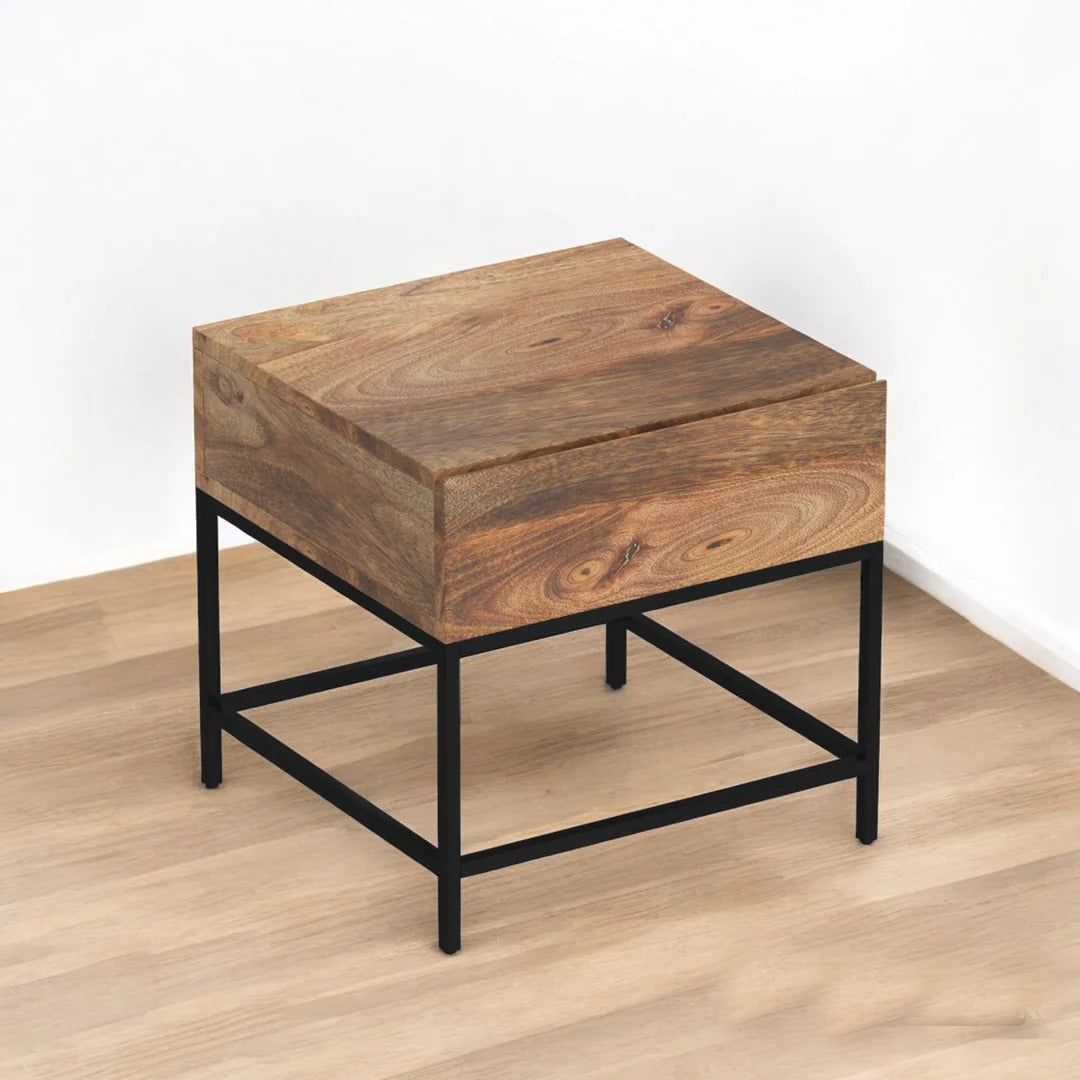 Celeste Accent Table – Solid Wood & Black Metal Frame