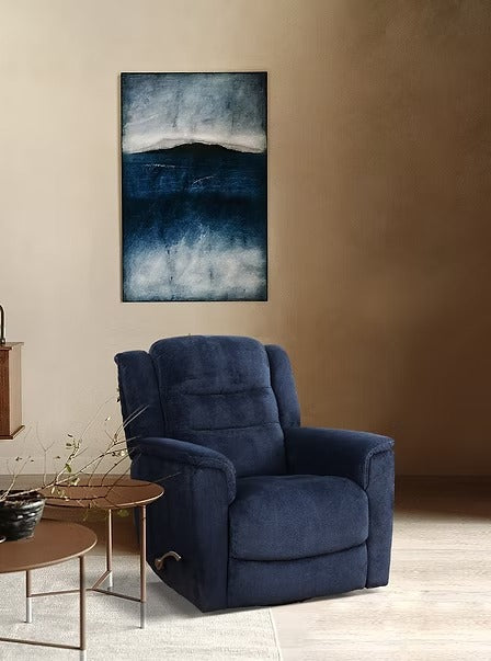 Yarvello Recliner Chair in Soft Blue Fabric with Swivel Glider Mechanism, Side-Mounted Steel Handle &amp; Zero Wallhugger Design