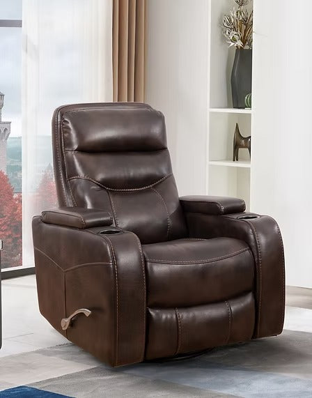 Quinvara Recliner Chair with Pull Handle, Swivel Glider Mechanism, Cup Holders, Storage Arms &amp; Zero Wallhugger Design in Soft Brown PU
