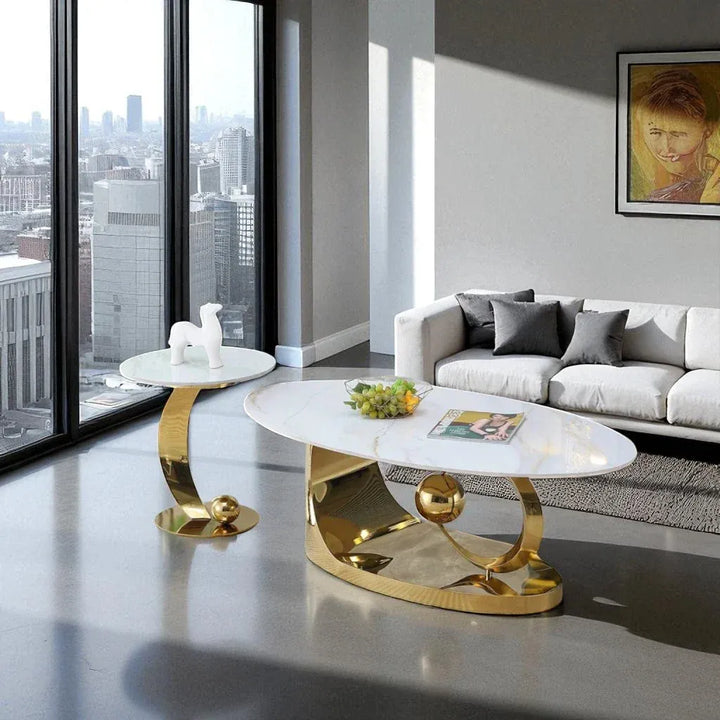 Aristocrat 3-Piece Coffee Table Set – White Sintered Stone & Gold Base