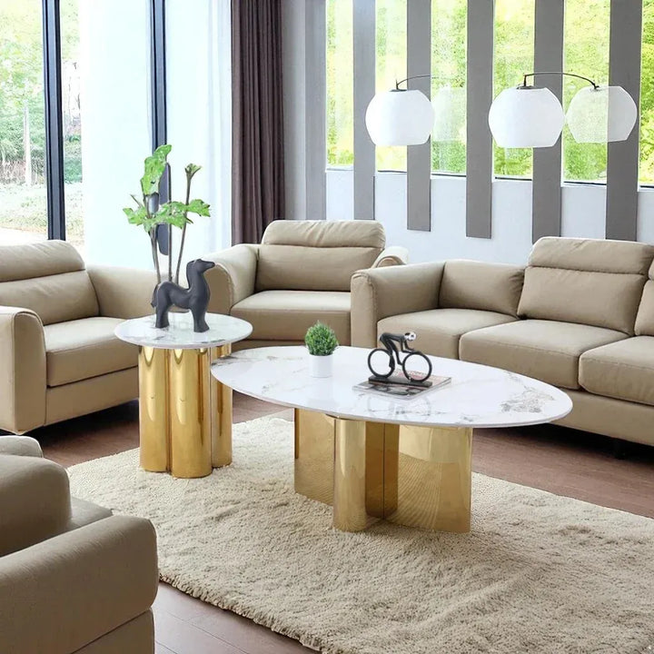 Elite 3-Piece Coffee Table Set – White Sintered Stone & Gold Metallic Base