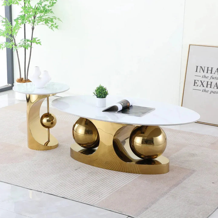 Grandeur 3-Piece Coffee Table Set – White Sintered Stone & Gold Metallic Base