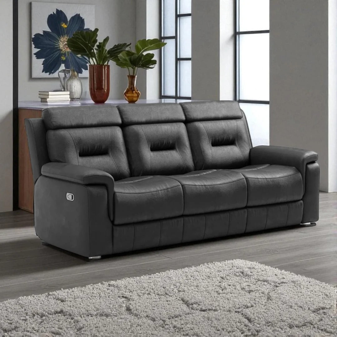 Rivaro Recliner Set Midnight Black | Genuine Leather Manual Recliner Chair, Loveseat & Sofa