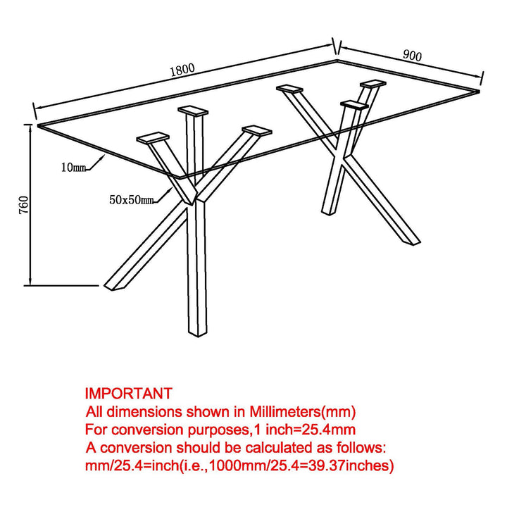 Eldora Contemporary Glass Dining Table – Rectangular Tempered Glass Top with Matte Black Metal Legs, Brushed Stainless Steel Holders and Geometric Modern Design Dining Table