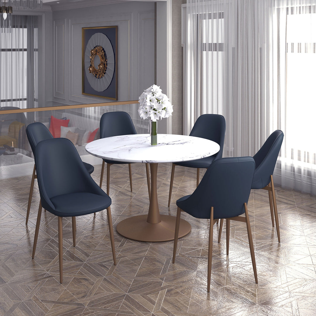 Mireva Dining Table – Premium Faux Marble Laminated Veneer Tabletop with Engineered Wood Construction, Reverse Bevel Edge And Matte Aged Gold Metal Pedestal Base for Contemporary Dining Spaces