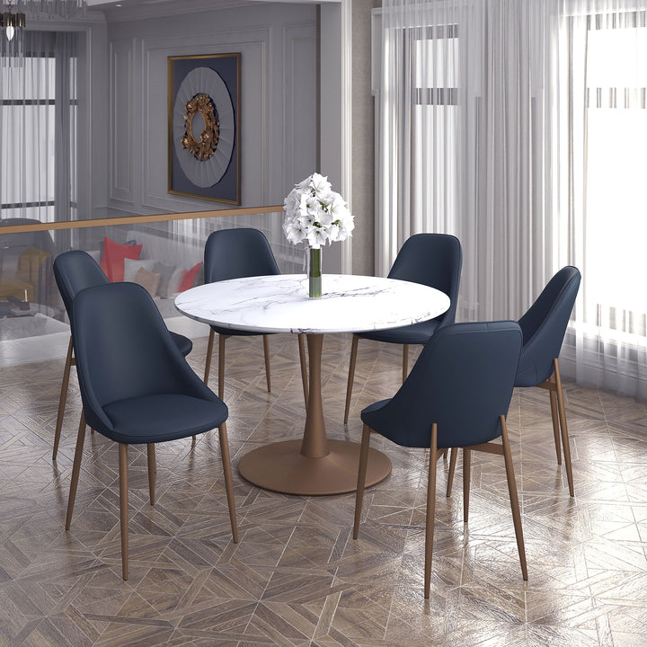 Mireva Dining Table – Premium Faux Marble Laminated Veneer Tabletop with Engineered Wood Construction, Reverse Bevel Edge And Matte Aged Gold Metal Pedestal Base for Contemporary Dining Spaces
