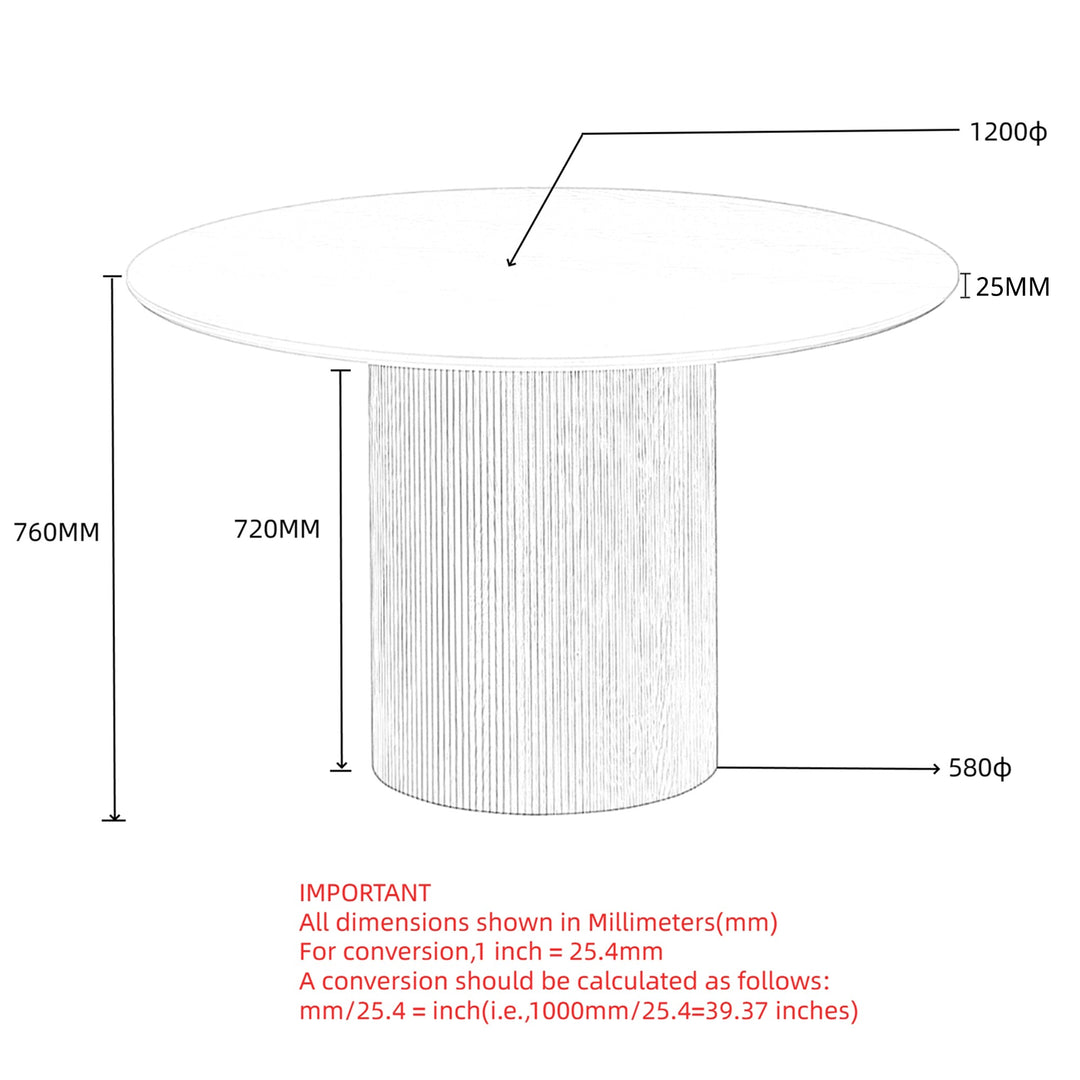 Vensaro Mid-Century Modern Round Dining Table – Engineered Wood Oak Veneer Top with Wide Reeded Pedestal Base and Reverse Bevel Wood Grain Finish Dining Table