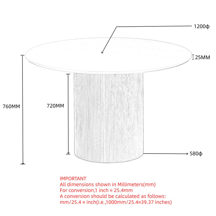 Velmora Mid-Century Modern Round Dining Table – Engineered Wood Oak Veneer Top with Reeded Pedestal Base and Reverse Bevel Wood Grain Finish Dining Table
