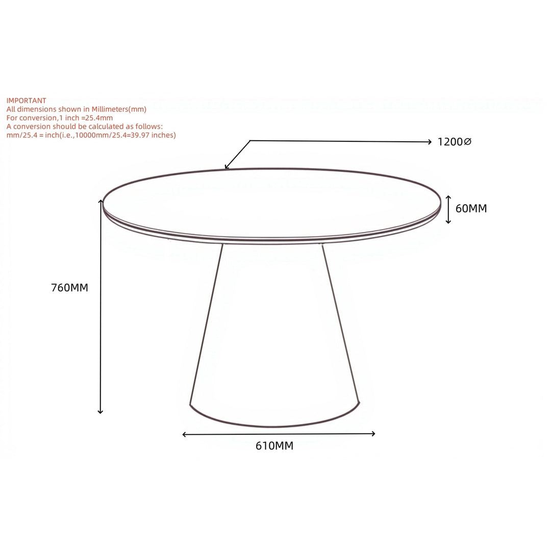 Kenvor Contemporary Round Dining Table – White Cement Finish Table with Thick Rounded Edge Top and Cone Pedestal Base Modern Dining Table