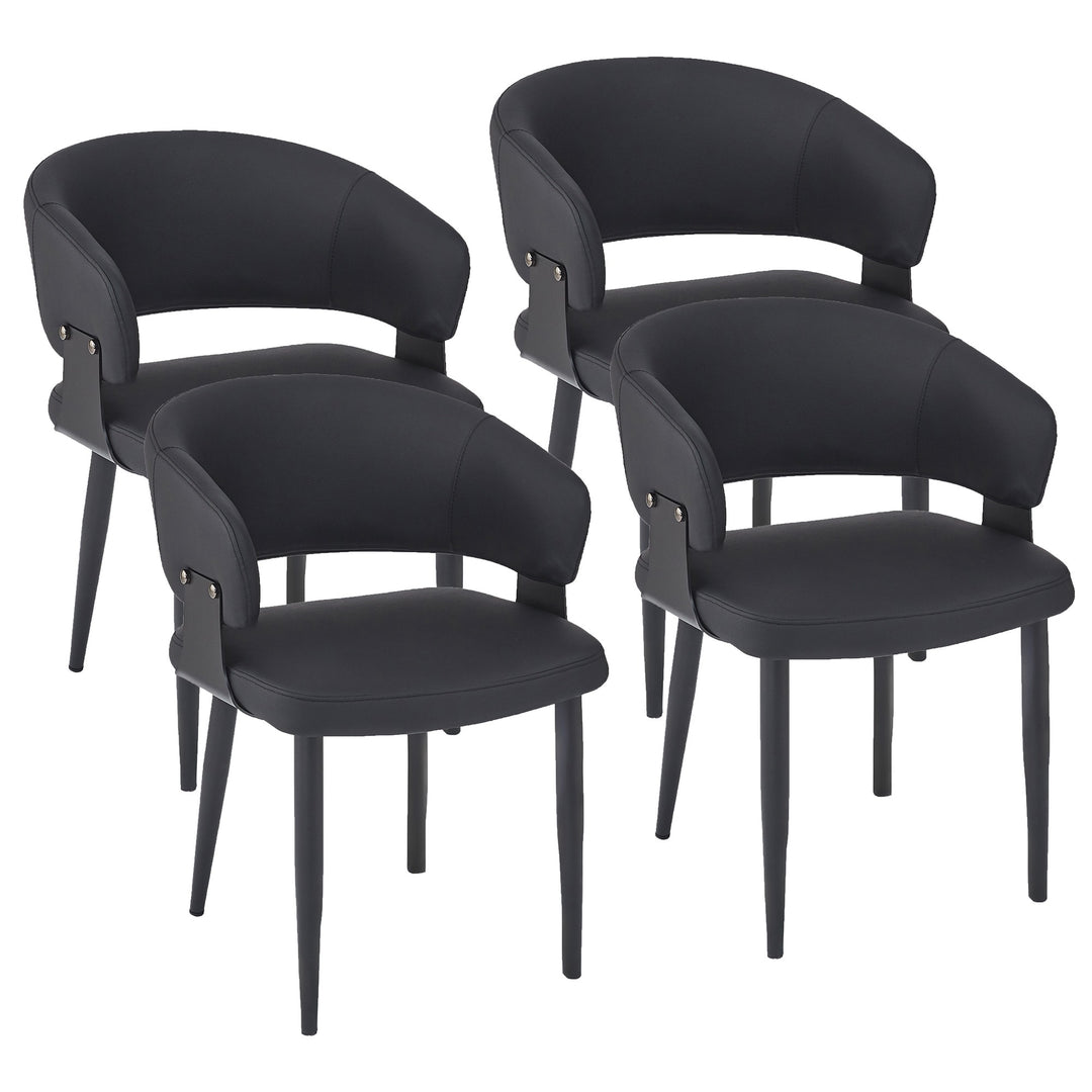 Corvello Dining/Lounge Chair Set of 4 – Modern Curved Back Faux Leather Upholstered Chairs in Black with Matte Black Frame