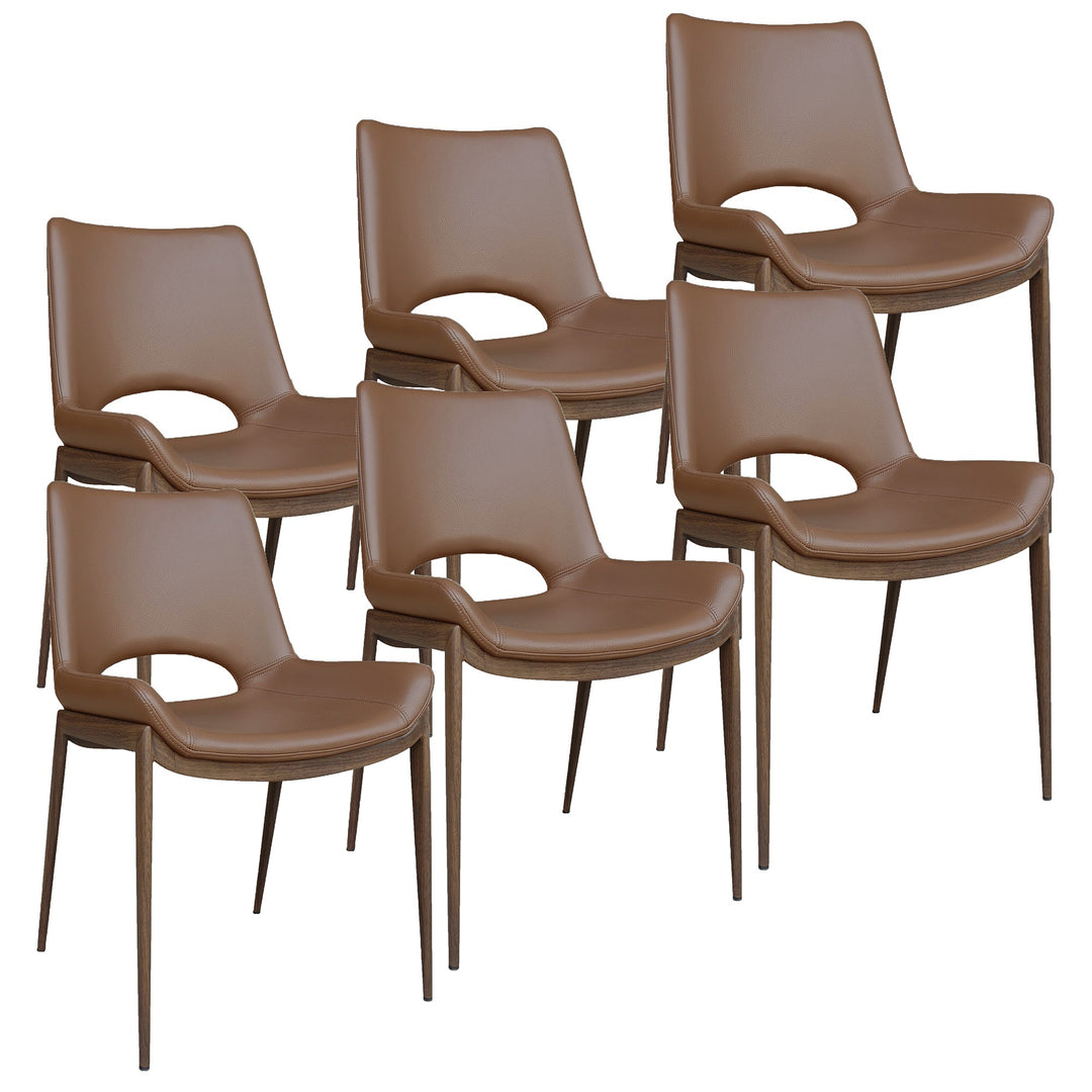 Torano Mid-Century Modern Dining And Lounge Chair in Walnut Finish with Textured Faux Leather Upholstery, Contoured Seat, Metal Frame – Set of 6