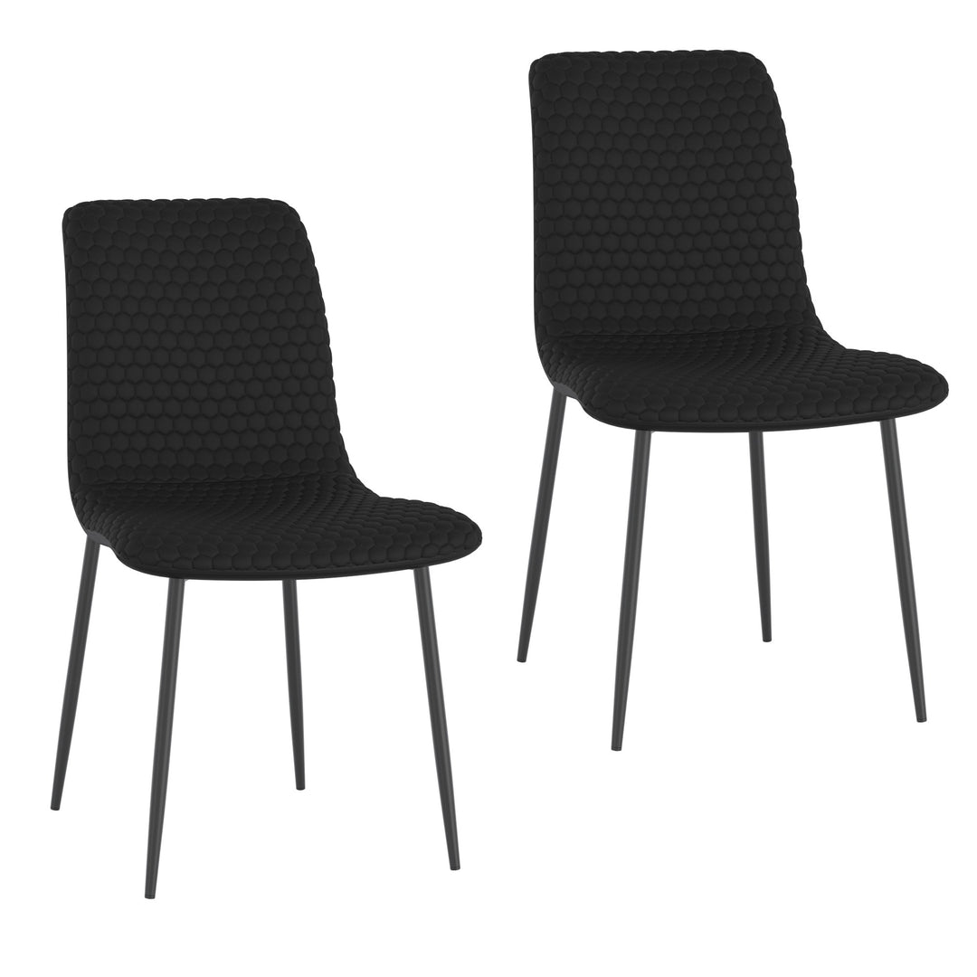 Miraggio Modern Dining Chair Set of 2 – Matte Black Faux Leather Upholstered Chairs with Hexagon-Stitch Detailing and Matte Black Metal Legs
