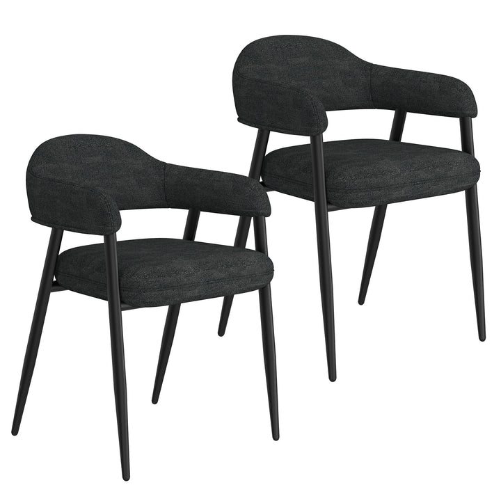 Loreza Mid-Century Modern Dining Chair with Textured Fabric Upholstery, Matte Black Metal Legs And Foam Cushion – Set of 2