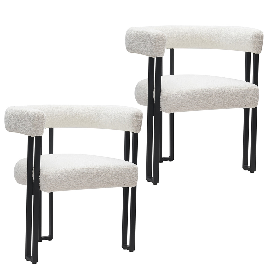 Varese Contemporary Dining Side Chair with Soft Boucle Fabric Upholstery in White, Black Metal Frame Anf Legs – Set of 2