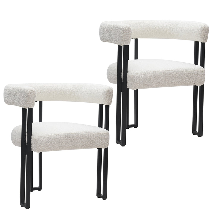 Varese Contemporary Dining Side Chair with Soft Boucle Fabric Upholstery in White, Black Metal Frame Anf Legs – Set of 2