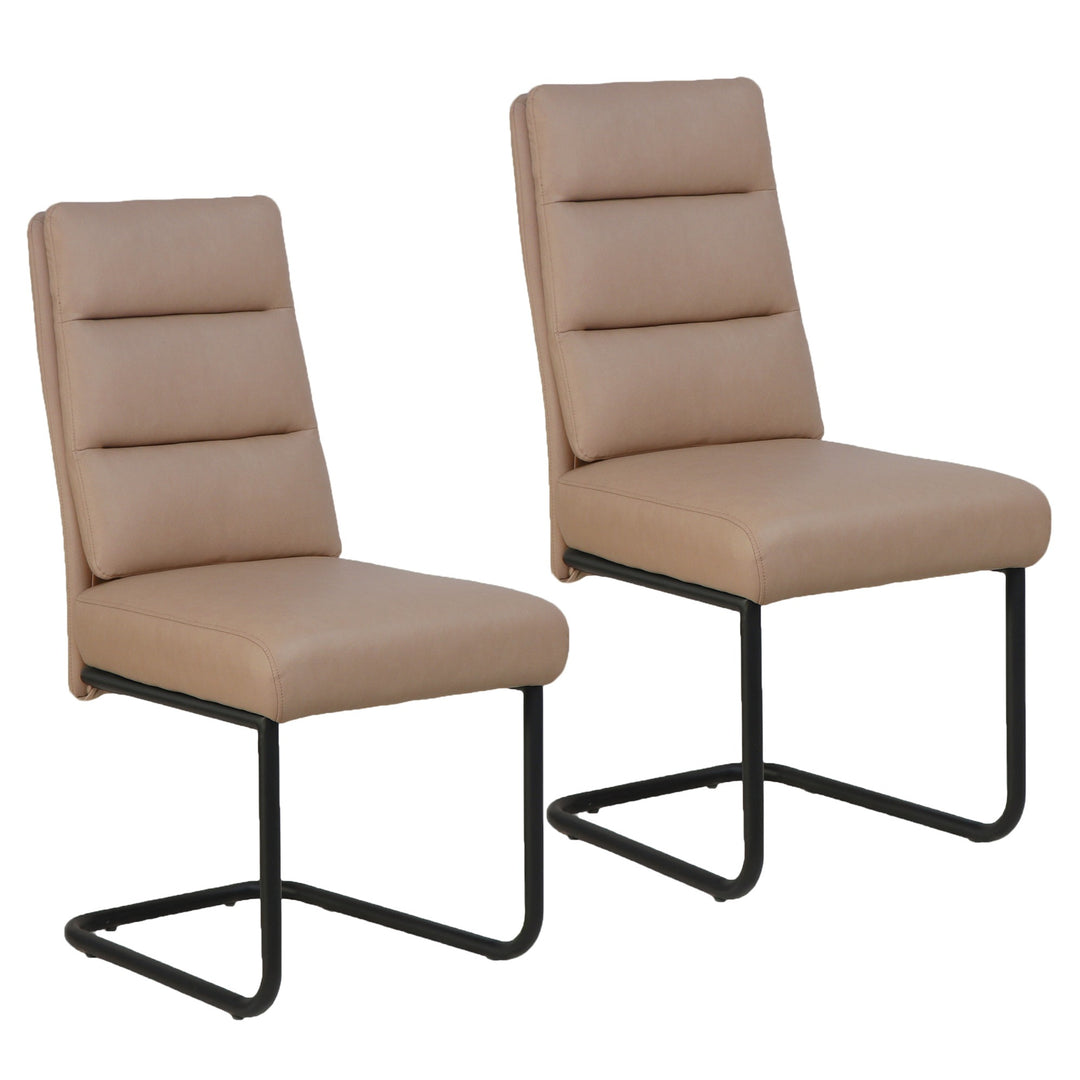 Astera Modern Dining Chair with Textured Faux Leather Upholstery in Mushroom PU, Black Metal C-Style Base And Back Handle – Set of 2
