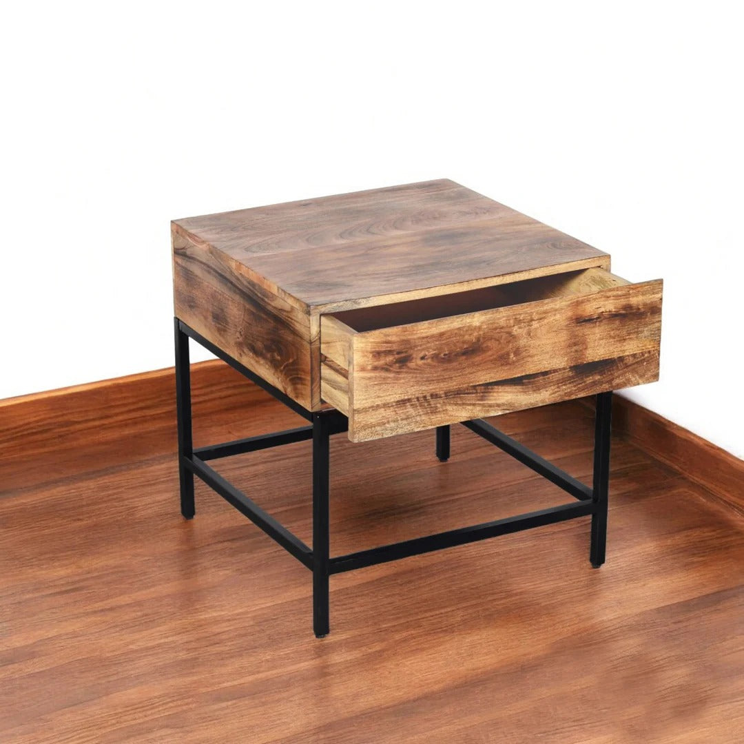Celeste Accent Table – Solid Wood & Black Metal Frame